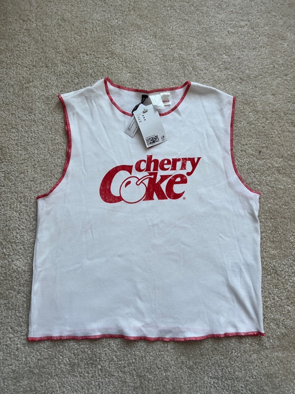 H&M Divided Cherry Coke White 100% Cotton Tank with Red Trim